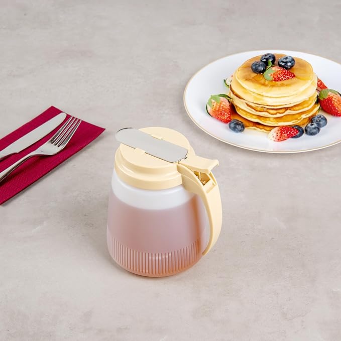 Restaurantware-Chef 101 32 Ounce All Purpose Syrup Dispensers, 10 Honey Dispensers - Beige Top, Stainless Steel Slide Cover, Plastic Pancake Syrup Bottle, Perfect For Diners, Restaurants, Home