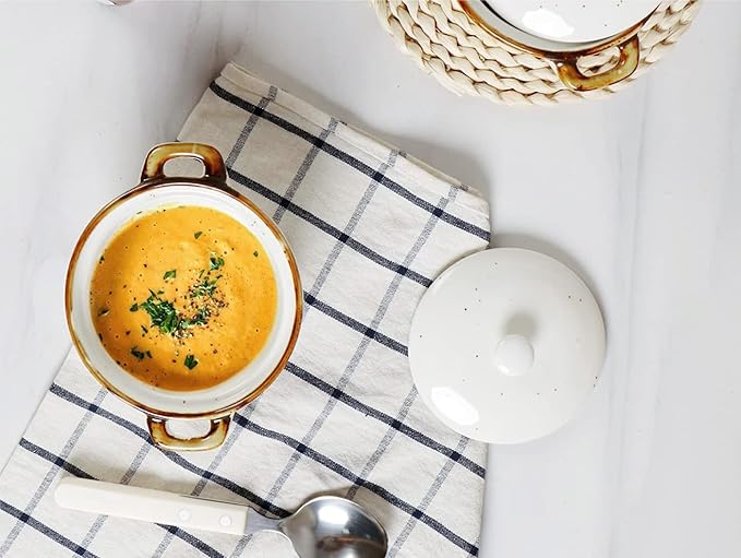 ONEMORE Ramekins with Lids, 12 oz Ceramic Small Casserole Dish with Handles & Brown Rim for Baking Soup, Speckled Oven Safe Mini Dutch Oven Rustic Cocotte Set of 4 for Individual Serving, Creamy White
