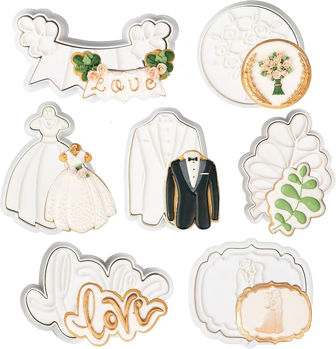 Flycalf Wedding Cookie Cutters Set of 7 with Plunger Stamps Holiday Gifts Baking Cake PLA Kitchen Diamond Love Ring Shapes for Kids 3.5" Mold Supplies Biscuit Tools