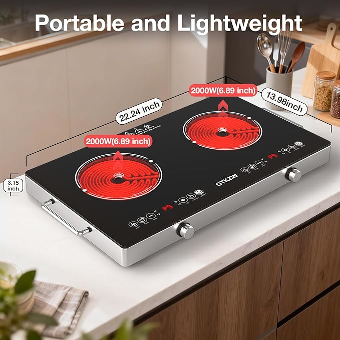 4000w Electric Cooktop 2 Burners, 23'' Electric Stove Top 110v with Plug in, GTKZW Knob Control Countertop & Built-in Ceramic Cooktop, 9 Power Levels, Child Lock, Timer, Over-Heat Protection