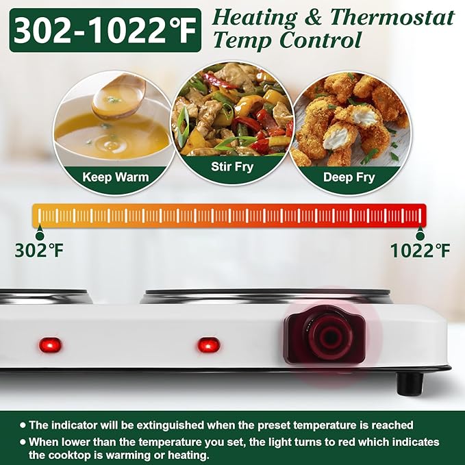 Electric Countertop Double Burner, 1800W Cooktop with Glass Hot Plate, Stepless Temperature Control, Easy to Clean, Indicator Lights, Compatible Cooking Stove for Office Home Camping RV