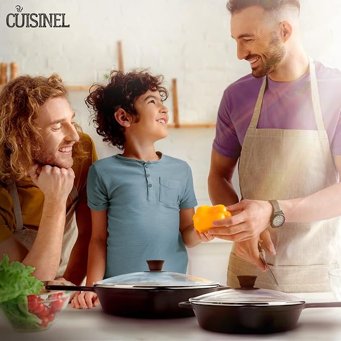 Cast Iron Skillet Set - 10" + 12"-Inch Pre-Seasoned Frying Pans + Glass Lids + Silicone Handle Cover Grips - Indoor/Outdoor Use - Grill, Oven, Stovetop, Induction, BBQ, Firepit Safe Kitchen Cookware
