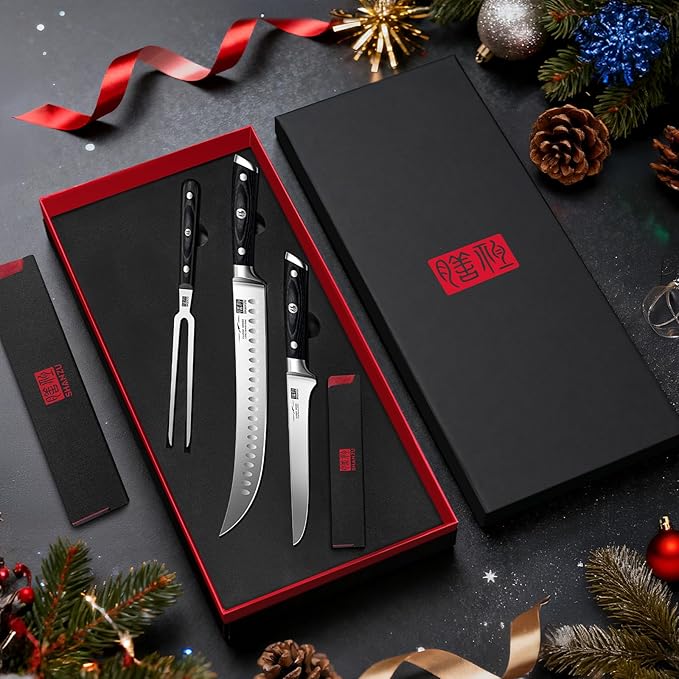 SHAN ZU 3Pcs BBQ Carving Knife Set with Sheath – for Turkey, Meat, BBQ, Brisket, Razor Sharp Slicing Knife, Professional 5Cr15MoV Stainless Steel, Ergonomic Full Tang Wood Handle, Gift Box Included