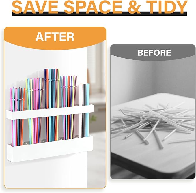Straw Holder for Cabinet Door, Reusable Tumbler Straw Organizer Storage Container Mount for Kitchen Counter Cupboard Door (White, 9.5inch)