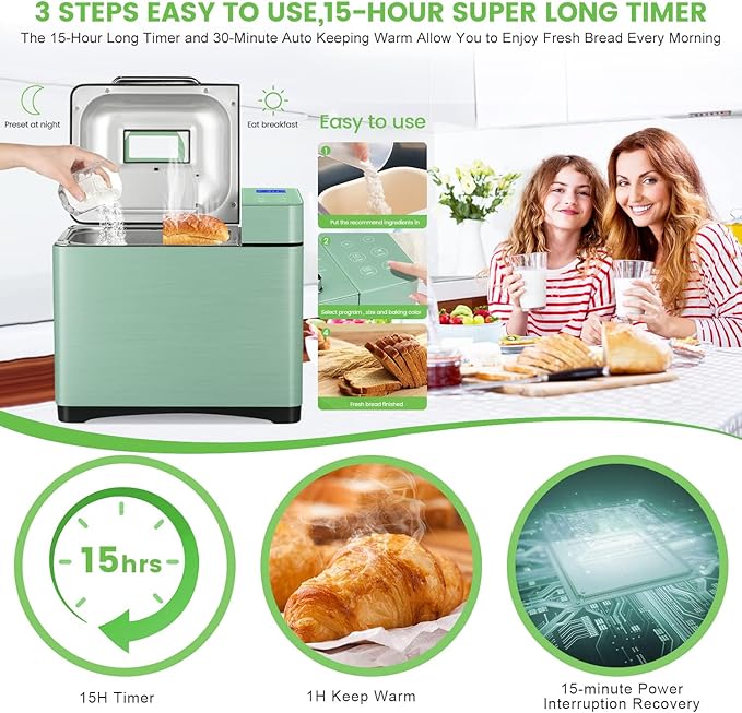 2.2LB Larger Bread Maker Machine with Dual Heaters, 17-in-1 Bread Machine With Die-Cast Ceramic Pan & Auto Fruit Dispenser, Full Stainless Steel Breadmaker, 15H Timer&Keep Warm, Sourdough, Gluten-Free