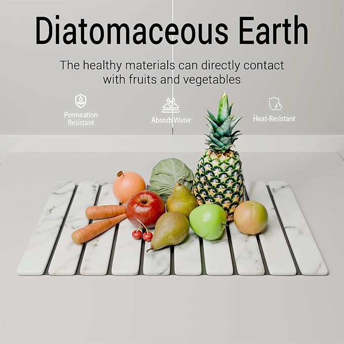 HavenMat – Large Stone Dish Drying Mat (24”x16”) with Bamboo Rack & Brush | Quick-Dry Diatomite Counter Mat for Dishes, Glassware, Plants & Pets | Grey Kitchen Drying Stone (Marble)