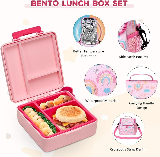 Pawtong Lunch Box Set with Bento Box Container, 17OZ Stainless Steel Food Soup Thermo, Kids Water Bottle & Portable Insulated Lunch Bag – Leakproof, Hot/Cold Retention for School, Travel(Pink-Rainbow)