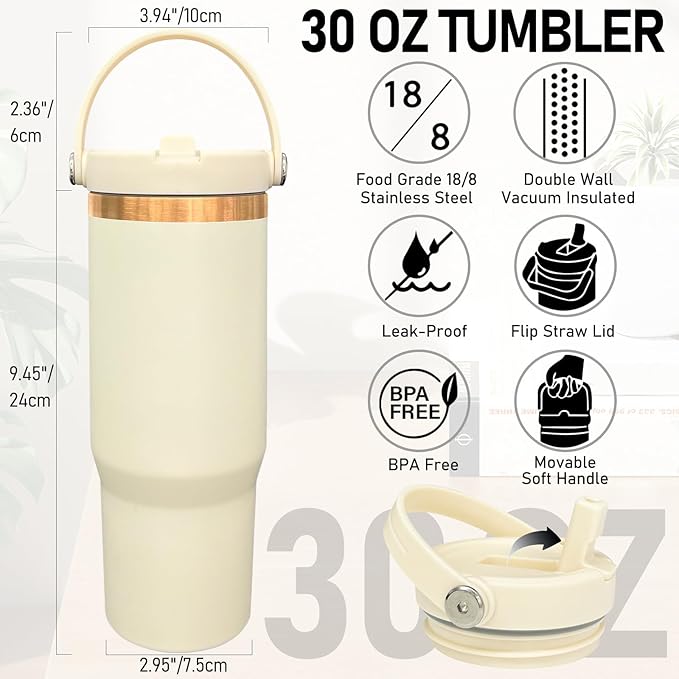 30 oz Tumbler with Handle and Straw, Vacuum Insulated Tumblers with Flip Straw and Top Handle, Leakproof Powder Coated Tumbler, Stainless Steel Travel Mug for Coffee Water (Cream, 1 Pack)
