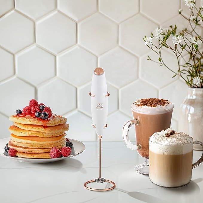 Zulay Kitchen Powerful Milk Frother Wand With 4 AA Duracell Batteries - Ultra Fast Handheld Drink Mixer - Electric Whisk Foam Maker for Coffee, Lattes, Cappuccino, Matcha & Creamer - White & Rose Gold