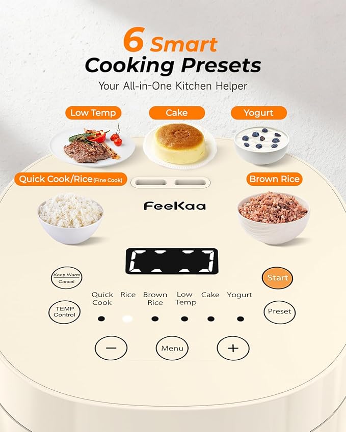 Feekaa Rice Cooker Small, 3-Cup Uncooked / 6-Cup Cooked, Compact Mini Rice Cooker Small Kitchen with Ceramic Coated Inner Pot, Rice Maker with 6 Menu Options, Low Temperature Cooking, 12H Delay Timer