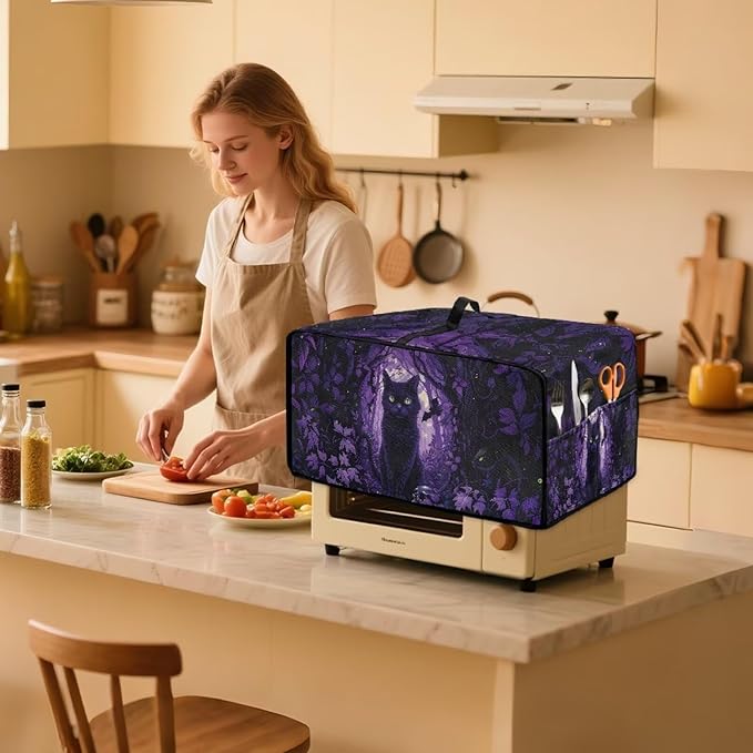 Countertop Convection Oven Cover Decorative and Protective Air Fryer Toaster Oven Dust Cover for Home Kitchen Indoor Decor, S, Black Cat Skull Bat Violet Forest Halloween