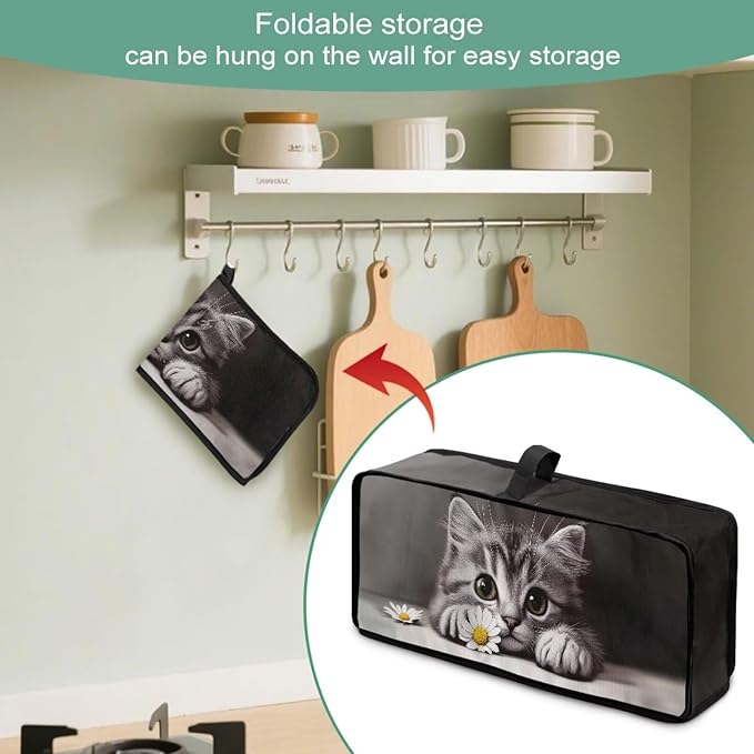Toaster Cover 2 Slice Grey Cat Slim 2 Slice Toaster Cover Easy to Fold and Carry, Heat-Resistant Dustproof Dust Covers for Toasters Long Slot, Machine Washable