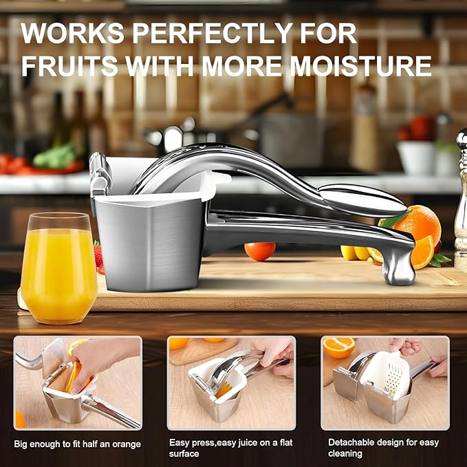 Stainless Steel Citrus Juicer Press - Manual Handheld Lemon/Orange/Pomegranate Squeezer with Non-Slip Grip, Rustproof Dishwasher Safe Fruit Press for Home Kitchen, Easy to Clean