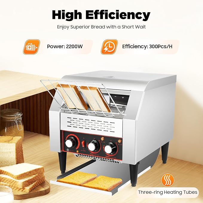 Commercial Stainless Steel Conveyor Toaster 300 Slices/Hour 2200W Heavy Duty Electric Industrial Belt Toasters Oven with Three Baking Modes for Home & Restaurant Use