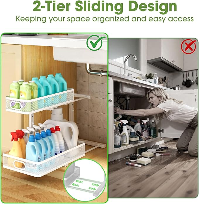 Under Sink Organizer 2-Pack, Metal 2-Tier Pull-Out Cabinet Shelf with Slide-Out Mesh Drawers, Height Adjustable, Space-Saving Under Sink Storage Racks for Kitchen, Bathroom, Laundry Room, White