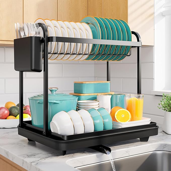 Sakugi 2-Tier Dish Drying Rack - Stainless Steel Dish Rack with Cutlery & Utensil Holders for Kitchen Counter, Sink Organization and Storage for Small Family, 15" W x 11.4" L x 15" H, Black