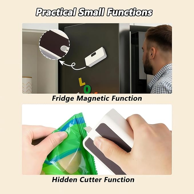 2026 New USB-C Rechargeable Mini Bag Sealer, One-Touch, Adjustable and Portable Freshness, 6-Level Adjustable Heat Sealer & Cutter, LED Display, Magnetic Base for Fridge & Kitchen (White)