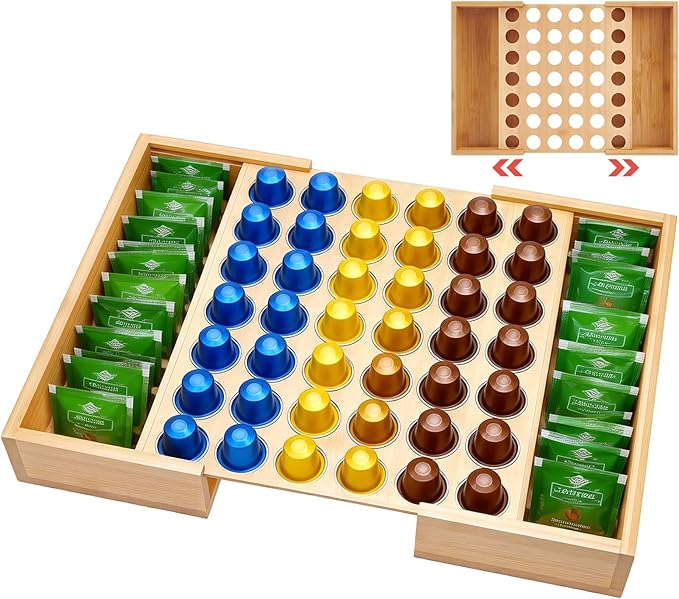 Bamboo Coffee Pod Holder Drawer, 11.85x12.6x2.42Inch Tea Bags Storage Organizer Holder 42 Pod Capacity for Coffee Station Home Office and Kitchen