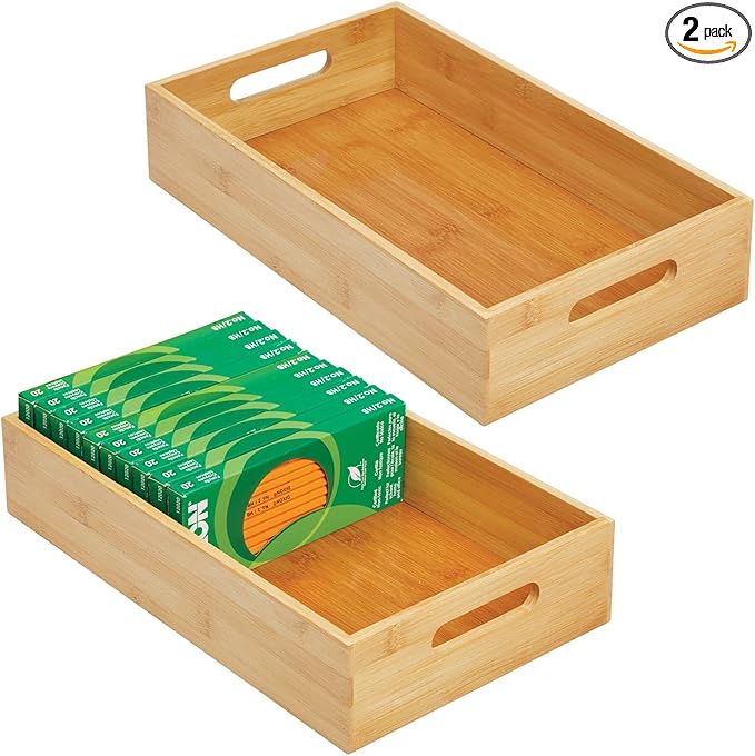 mDesign Wide Bamboo Office Desk Drawer Organizer Tray Bin with Handles - Organizer for School Supplies, Pens, Pencils, Notepads, Staplers, Envelopes - Echo Collection, 2 Pack, Natural Wood Finish