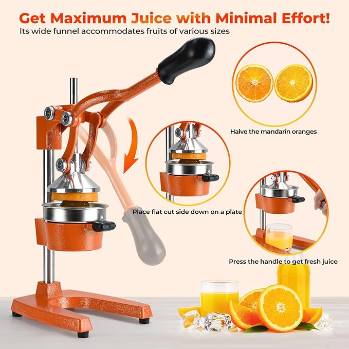 ROEDEER Heavy-Duty Manual Citrus Juicer – Cast Iron Orange Juicer Squeezer, Dual-Die Head, Manual Juicer, Citrus Squeezer, Lemon Juicer Manual & Pomegranate Juicer for Fresh Juice (Orange)
