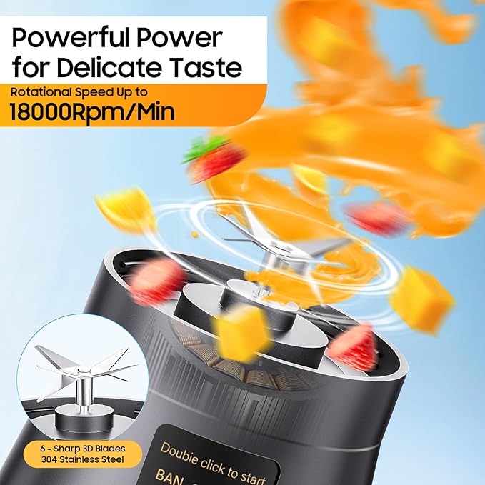 Portable Blender for Smoothies & Shakes - Cordless Personal Size Blender with 6 Blades, 380Ml Juice Cup, Lightweight & Rechargeable, Freshly Squeezed for Picnic/Sports/Office