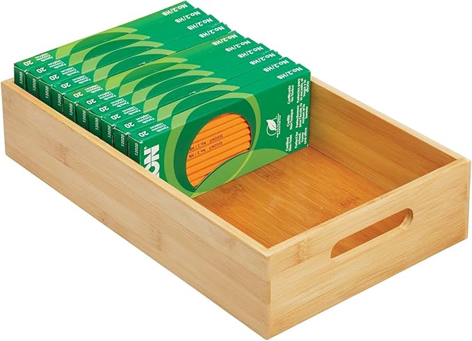mDesign Wide Bamboo Office Desk Drawer Organizer Tray Bin with Handles - Organizer for School Supplies, Pens, Pencils, Notepads, Staplers, Envelopes - Echo Collection, 2 Pack, Natural Wood Finish