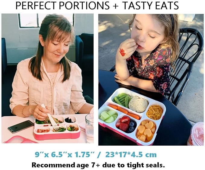 kinsho Lunch Boxes for Boys Teens Adults - Bento Box Set with Insulated Bag and Ice Pack, 6 Compartment Leak Proof Food Container, BPA-Free, Microwave Safe, Ideal for School & Work, Pink