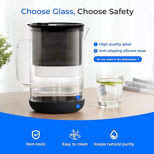 Waterdrop PT-09BL 10-Cup Large Glass Water Filter Pitcher, Eco-Friendly, NSF/ANSI 53, 42 & 372 Certified Filter, Reduces PFOA/PFOS, Chlorine, Cadmium, Copper & Mercury, BPA-Free, Easy to Clean, Black