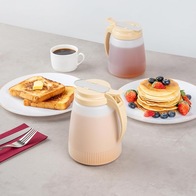 Restaurantware-Chef 101 48 Ounce All Purpose Syrup Dispenser, 1 Honey Dispenser - Beige Top, Stainless Steel Slide Cover, Plastic Pancake Syrup Bottle, Perfect For Diners, Restaurants, Home
