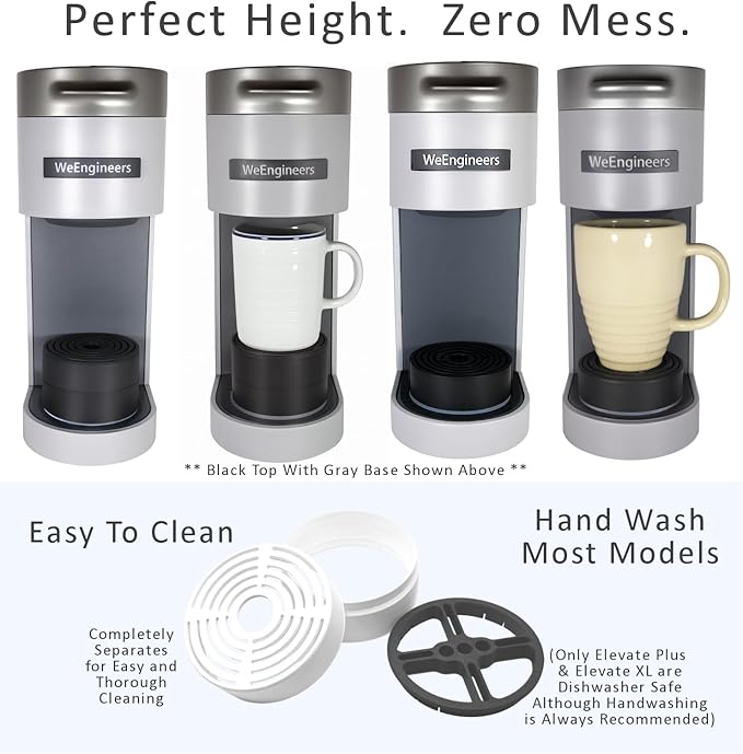 Elevate Anti-Splash Cup Riser Accessory for most Keurig K-cup, Cuisinart Single Serve, and other Coffee Makers, Adjustable for Cup Size and Drip Tray Type (White with Black Base)