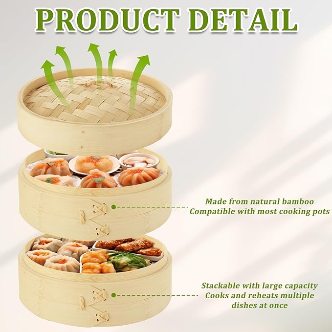 JMIATRY 3 Tier Bamboo Steamer 8 Inch Dumpling Steamer Basket With Side Handles Bamboo Steamers Basket With Lids for Steaming Cookware Asian Food, Bao Buns, Chinese Dim Sum, Dumpling
