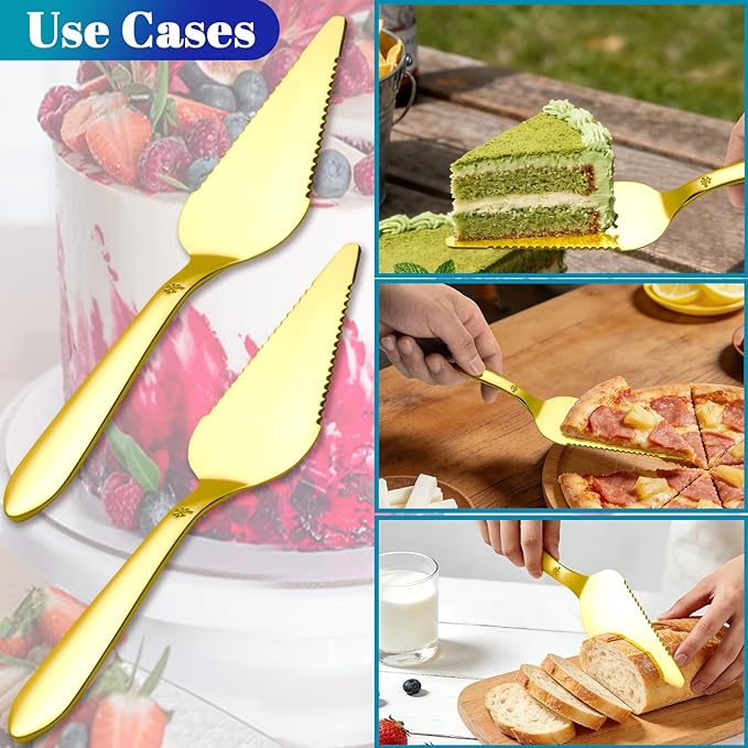 Eisinly Cake Pie Server Set for Wedding, Elegant Pizza Slicer Server Set with Stainless Steel Big Serrated Edges, Cake Cutter Pie Spatula for Birthday Anniversary, 2 Pcs, Gold