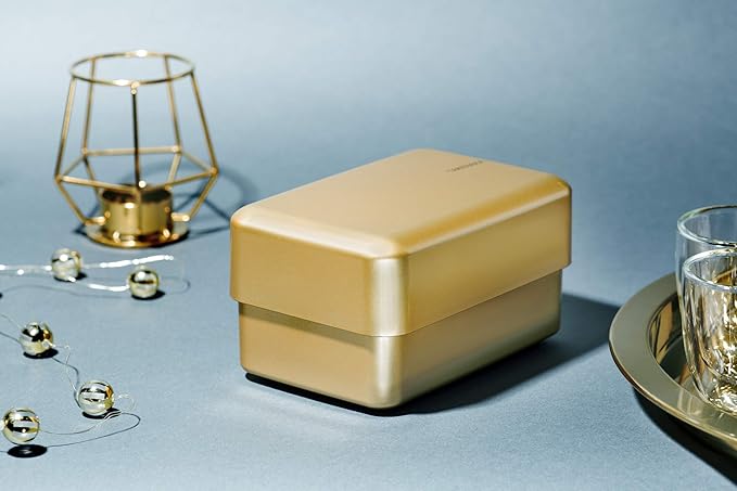 TAKENAKA Bento Nibble Box, Eco-Friendly Lunch Box Made in Japan, BPA and Reed Free, 100% Recycle Plastic Bottle Use, Microwave and Dishwasher Safe, Bento Box (Gold *Band: Orange)