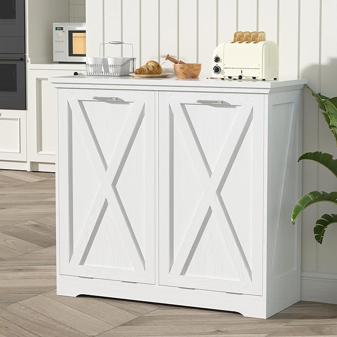 TOLEAD Double Tilt Out Trash Can Cabinet 10 Gallon,Farmhouse Style Kitchen Trash Cabinet with Barn Door, Solid Wood Tabletop, Pet Proof, Odor Blocking, Laundry Cabinet Keep Clean(White)