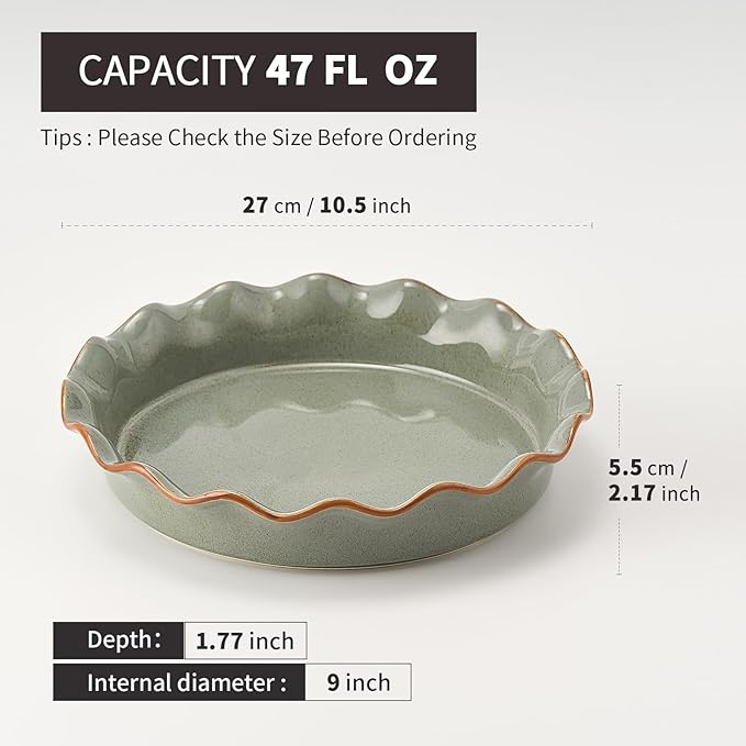 SIDUCAL Ceramic Pie Pan for Baking[10.5 inch],Reusable NonStick Ceramic Pie Plate with Ruffled Edge,Deep and Fluted Pie Dish for Apple Pie,Quiche,Pot Pies, Tart, etc（Green）