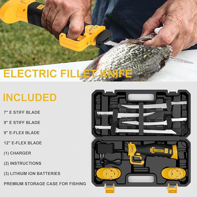 Electric Fillet Knife for Fish with 4 Stainless Steel Blades & Ergonomic Non-Slip Grip Handle, Cordless Electric Knife with 2 Rechargeable Batteries, Charger and Case for Fishing