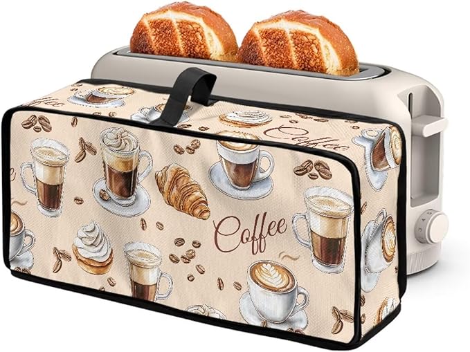 Toaster Cover Coffee Theme Toaster Cover 2 Slice Long Slot Beige Slim Dustproof & Water-Resistant Dust Covers for Toasters 2 Slice Long Slot, Decor Kitchen Appliance Covers