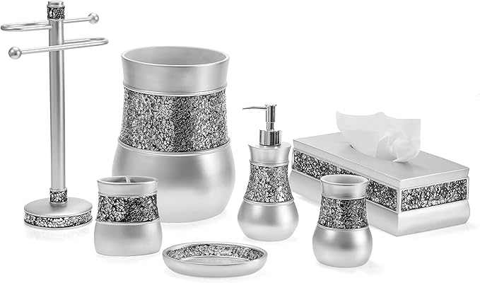 Creative Scents Crackled Glass Silver Small Bathroom Trash Can 2.06 Gal / 7.8L – Decorative Waste Basket for Bathroom, Powder Room or Bedroom - Durable Mini Wastebasket with Beautiful Crackled Glass