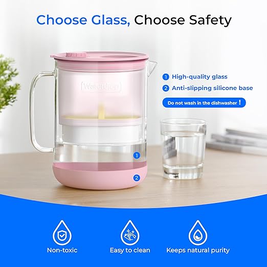 Waterdrop PT-72P Glass Water Filter Pitcher, 7-Cup, Eco-Friendly, NSF/ANSI 53, 42 & 372 Certified Filter, Reduces PFOA/PFOS, Chlorine, Cadmium, Copper & Mercury, BPA-Free, Easy to Clean, Pink