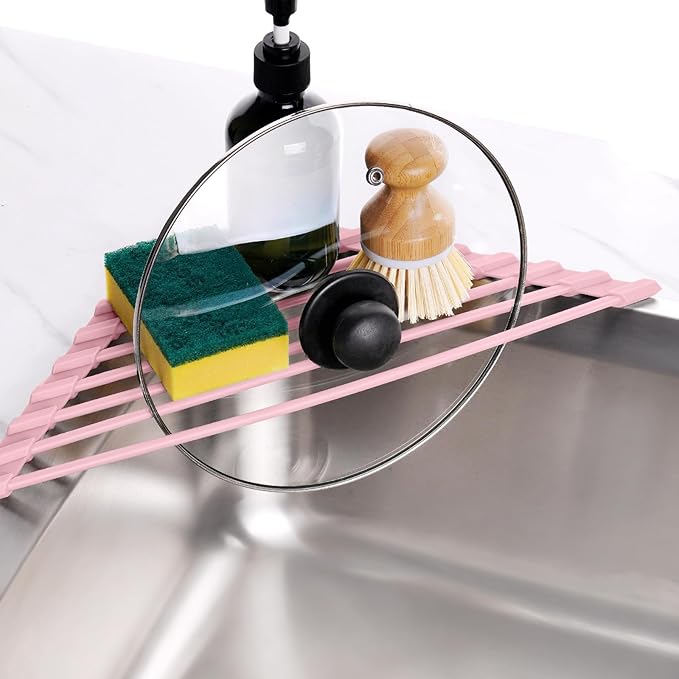 Tomorotec Compact Silicone-Coated Triangle Dish Drying Rack for Sink Corner - Foldable Stainless Steel Over-The-Sink Organizer and Storage Shelf (Pink)