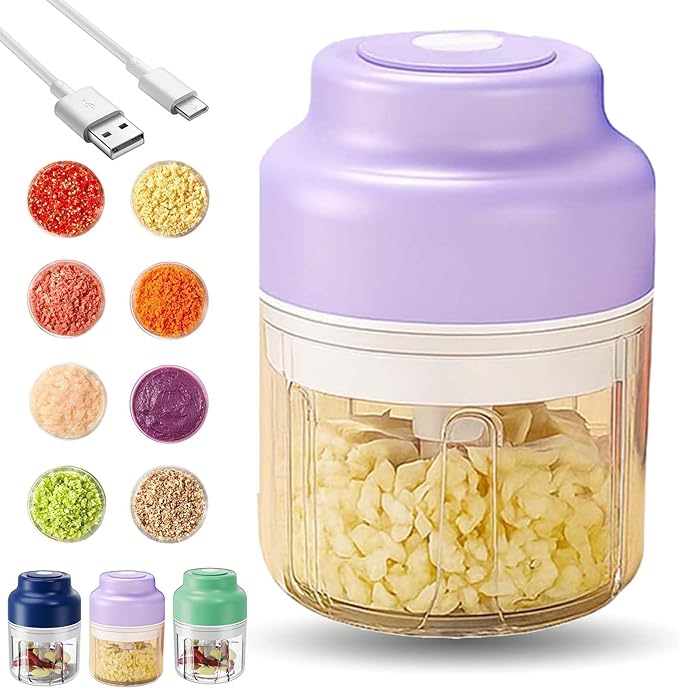 Household Electric Garlic Crusher, Electric Garlic Chopper, Mini Portable Veggie Chopper with 4/6 Stainless Steel Blades, Wireless Rechargeable Food Cutter for Garlic, Onion, Chili (Purple,250ML)