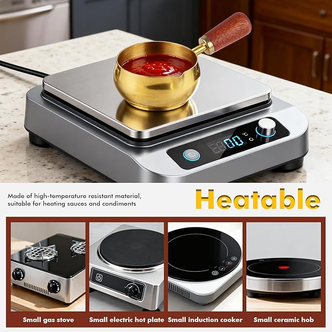 3 Pieces Stainless Steel Mini Sauce Pan with Wooden Handle & Spout, 1.7/3.4/5.1 Oz Gold Small Butter Warmer Saucepan, Reusable Sauce Pot Dipping Bowl (Gold)