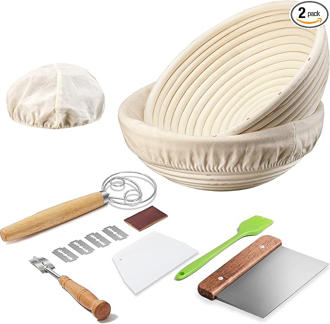 Dimpola Banneton Bread Proofing Basket Banneton Basket Set Sourdough Proofing Basket Round Proofing Bowls Handmade Rattan Baskets and Liners (2 Round 9 inch Baking Set)
