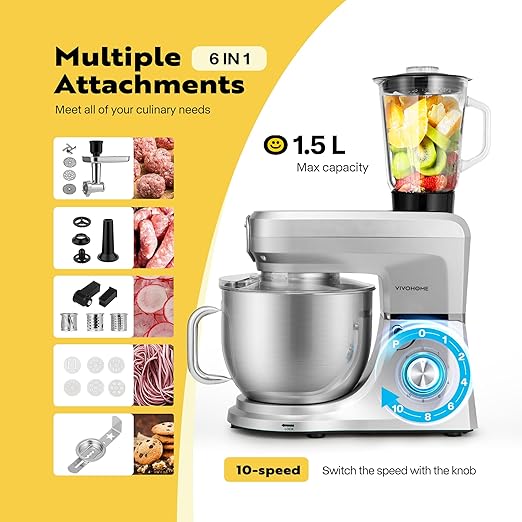 VIVOHOME Commercial Ice Crusher Shaver with Four Blades, and VIVOHOME 6 in 1 Multifunctional Stand Mixer with 8.5 Quart Stainless Steel Bowl