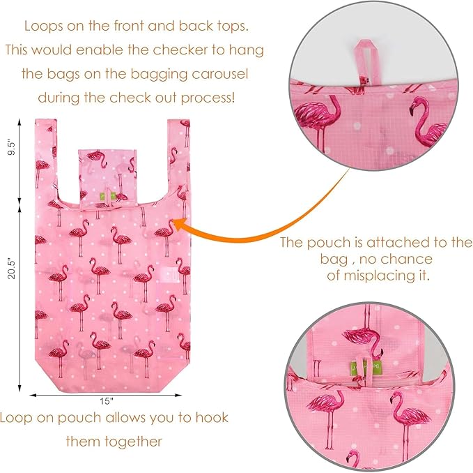 BeeGreen Animals Reusable Grocery Bags Turtle Peguins Flamingo Octopus Reusable Kitchen Bags Bulk Foldable-Machine Washable with Zipper Storage Pouch 6 Packs