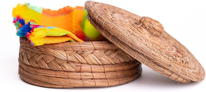 Authentic Mexican Tortilla Warmer Basket - Pine Needle Handwoven with Handloomed Cloth (Natural 7" w cloth)