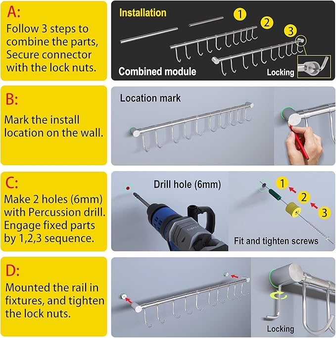 Kitchen Rail with Hooks, 30.5inch " Utensil Hanger with 15 Pcs Noiseless Sliding Hooks, Organizer Storage Holder Wall Mounted for Kitchen/Bathroom/Bedroom, 304 Stainless Steel, Silver