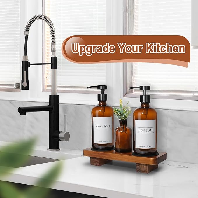 KASUNTING Amber Glass Soap Dispenser with Upgraded Flat Pump, Dish Soap Dispenser for Kitchen, Hand Soap Dispenser for Bathroom, Decorative Vase & Wood Riser Bathroom Decor(Amber02)