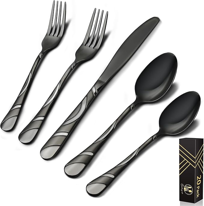 Black Silverware Set for 4, 18/0 Stainless Steel Frosted & Mirror Finish 20-Piece Flatware Set, Modern Cutlery Set for Wedding Restaurant Housewarming Party Event Serving For 4