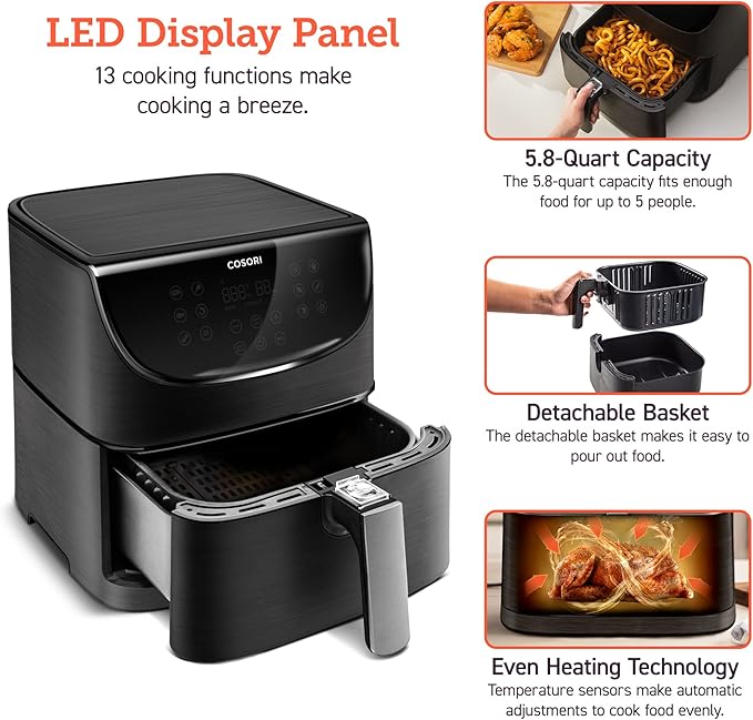 COSORI Air Fryer 5.8QT Pro Gen Smart 11-in-1 Toaster Oven , 100 Recipes Cookbook, 200+ Online Recipes , APP and Touch Screen Control, Works with Alexa & Google Assistant, Dishwasher-Safe Square Basket